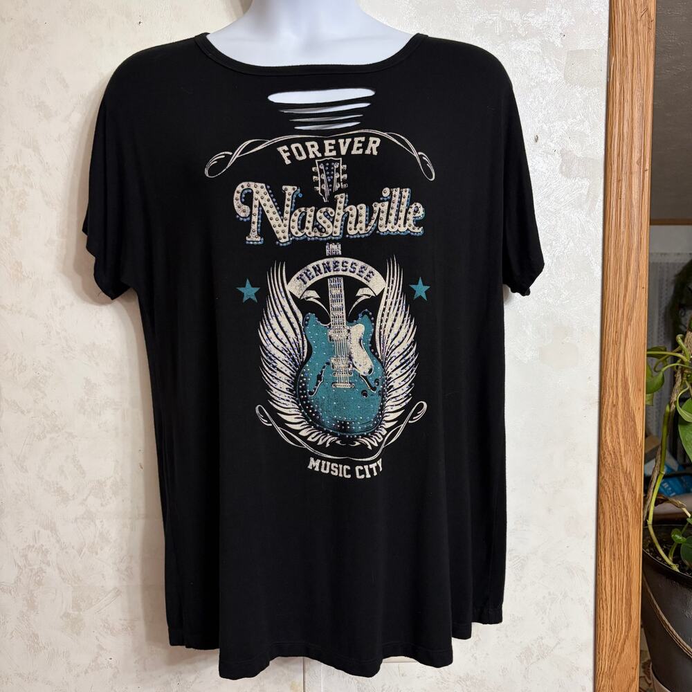 Liberty Wear Black "Forever Nashville" Winged Guiter Rhiinestone Bling Top 1X